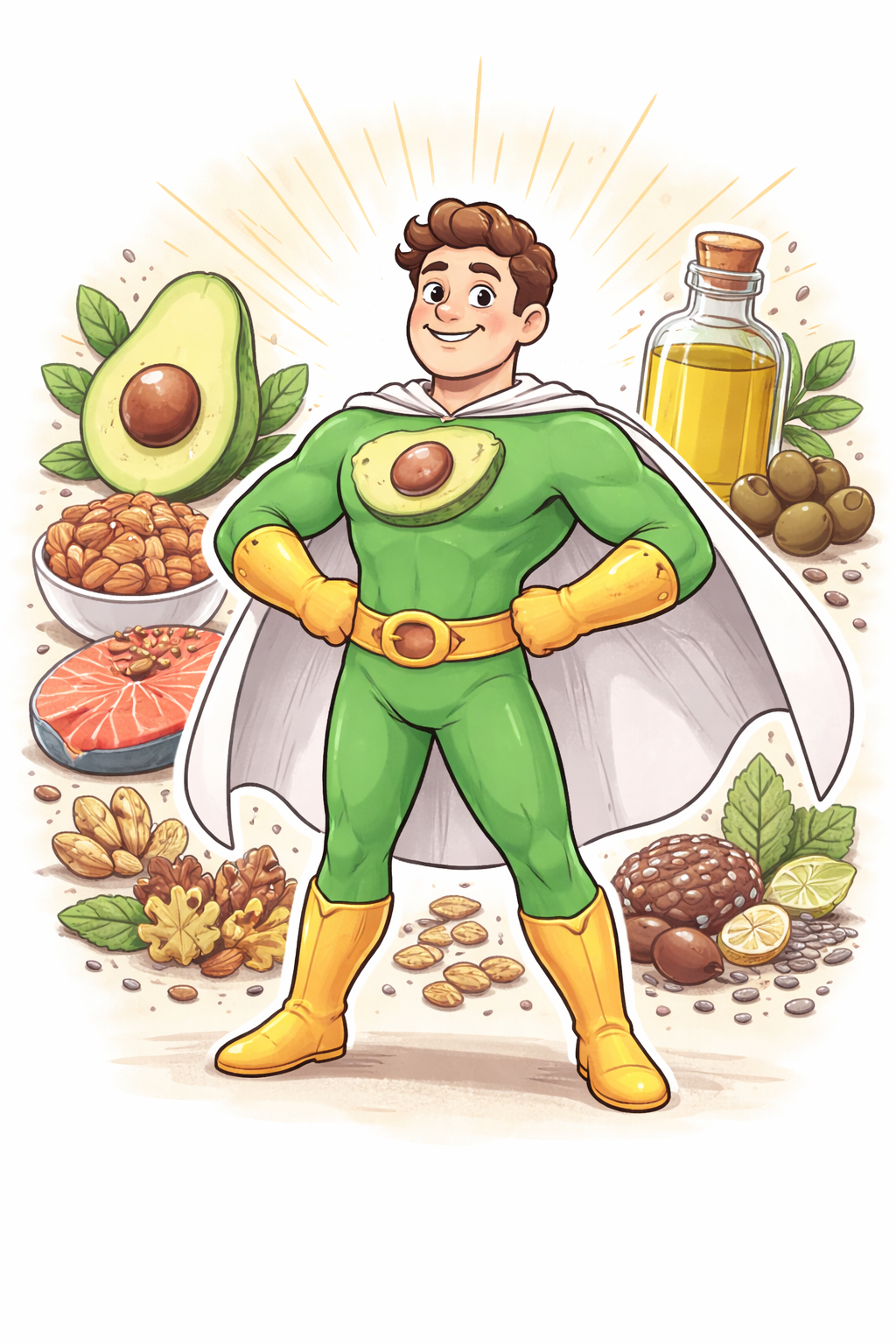 Illustration d'un super-héros avocat entouré d'aliments riches en bons gras